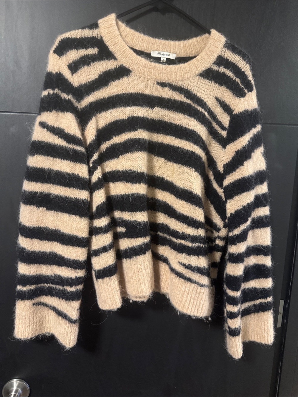 Madewell Beige and Black Fuzzy Zebra-Stripe Crewneck Sweater